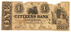 MA $1 WORCESTER Massachusetts The Citizens Bank Nov 1852 Haxby MA-1310 A5