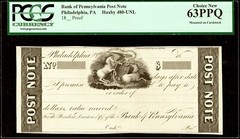 Obsolete 1800’s PA Philadelphia Bank of Pennsylvania Post Note Proof PCGS 63PPQ