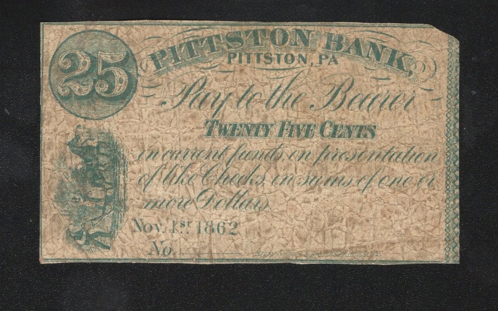 25c Pittston Bank Obsolete Bank Note Fractional Luzerne County PA Pennsylvania
