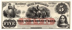 1859 $5 Union County Bank, Plainfield New Jersey Obsolete -Choice Unc. – Scarce!