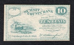 1862 10 CENTS SUMMIT COUNTY BANK CUYAHOGA FALLS, OR OBSOLETE SCRIP NOTE UNC