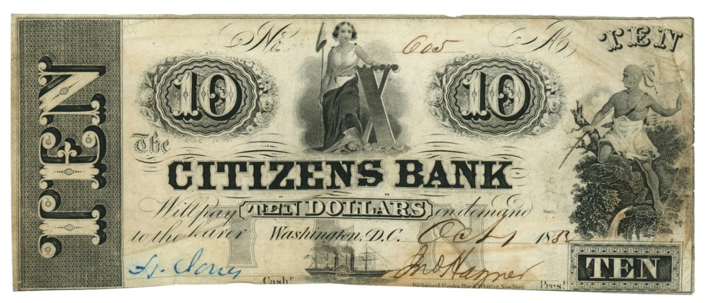 1852 Citizens Bank, Washington D.C. $10 Obsolete Note No.605 (L1876)