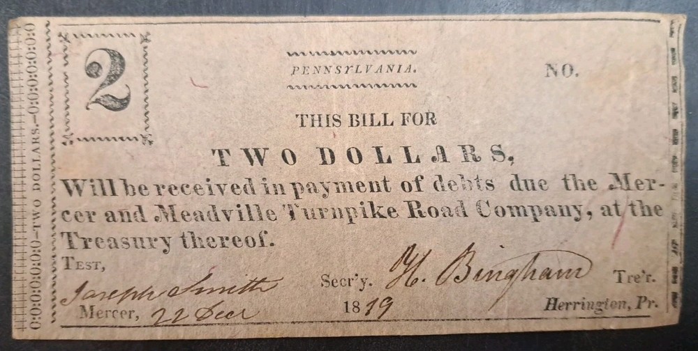 1819 USA Meadville Turnpike Road Company 2 Dollars.
