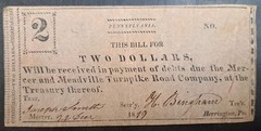 1819 USA Meadville Turnpike Road Company 2 Dollars.