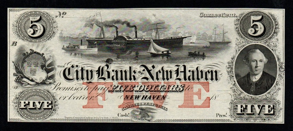 18xx $5 City Bank of New Haven, CT BEAUTIFUL GEM UNC Broken Bank Note!
