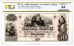 1850s $50 New Orleans, Louisiana Obsolete Note Canal Bank PCGS CU-64