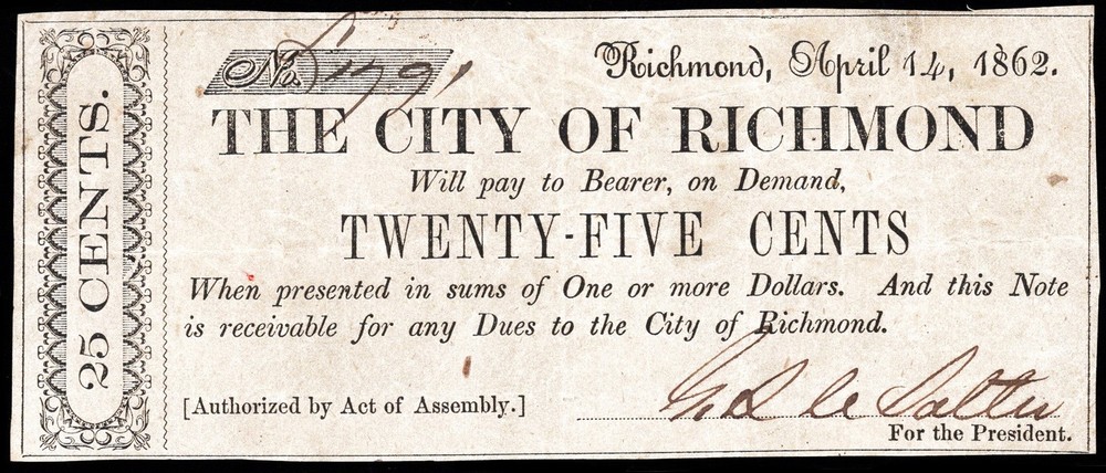 1862 THE CITY OF RICHMOND, VIRGINIA 25 CENTS CONFEDERATE STATES #TR06-07