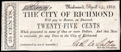 1862 THE CITY OF RICHMOND, VIRGINIA 25 CENTS CONFEDERATE STATES #TR06-07