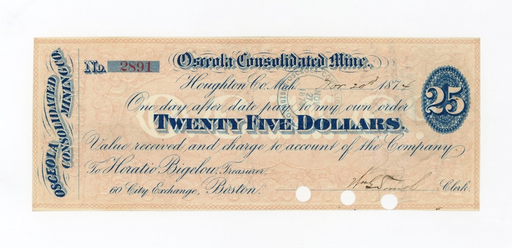 1874 $25 The Osceola Consolidated Mining Co. – MICHIGAN Scrip