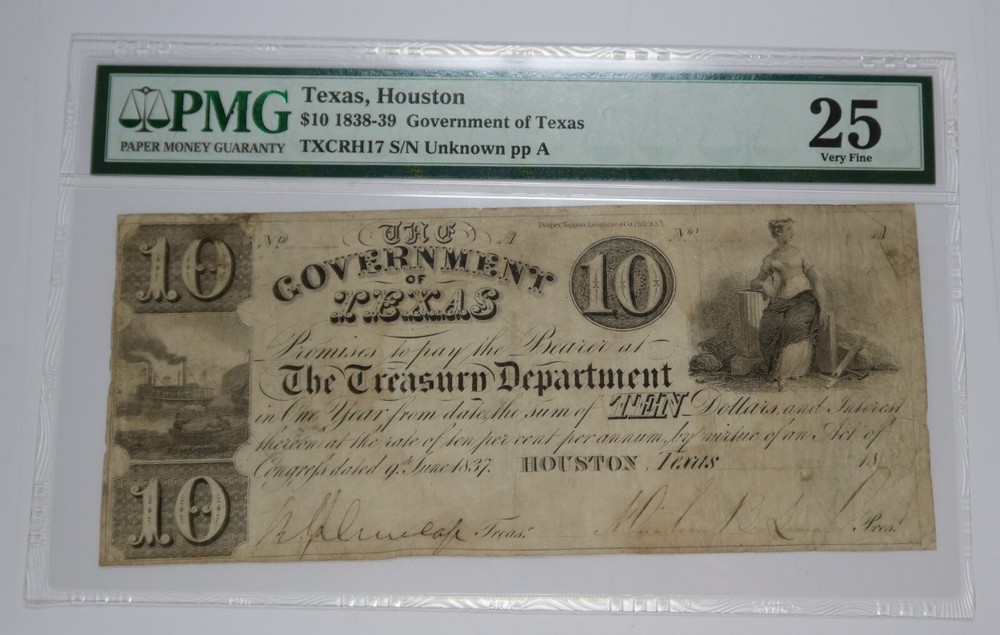 1838-39 HOUSTON TEXAS – PMG VF25 | $10 Ten Dollar Bank Note #34903B