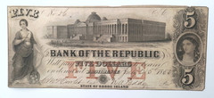 1853 $5 Bank of the Republic Providence Rhode Island Obsolete Currency Note