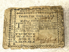 1780 North Carolina Currency $25 Note – J. Davis Printed – Rips, Folds, Tears
