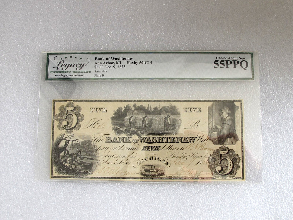 1835 Five $5 Dollars Banknote Bank of Washtenaw of Michigan ABOUT NEW 55