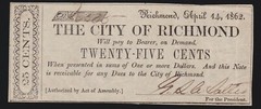 US Virginia 25c The City of Richmond Obsolete Note 4/14/1862 VF