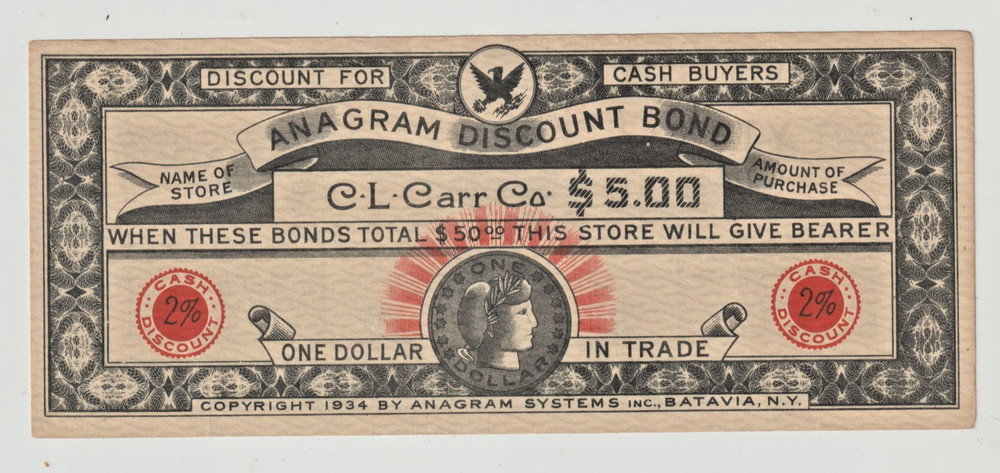 Depression Era Currency 1934 Anagram Discount Bond C L Carr Co Batavia NY