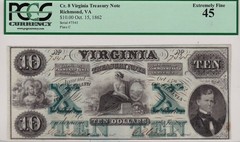 $10 1862 VIRGINIA TREASURY PCGS XF45 RICHMOND VA. FREE PRIORITY SHIPPING. FIRM !