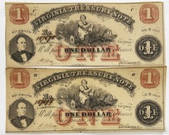 1862 $1 Virginia Treasury Note, Matching S/N, B & C Block Obsolete Currency