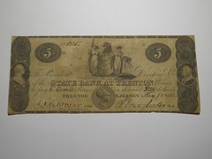 $5 1822 Trenton New Jersey NJ Obsolete Currency Bank Note Bill State Bank
