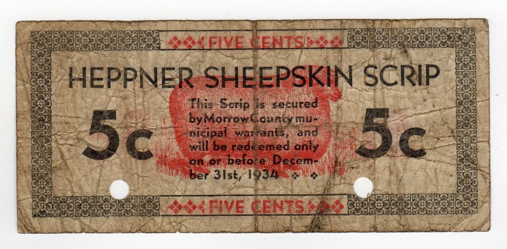 1934 5c Heppner Sheepskin Scrip – OREGON Depression Scrip