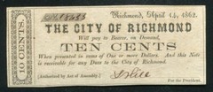 1862 10 TEN CENTS THE CITY OF RICHMOND VIRGINIA OBSOLETE SCRIP NOTE UNC