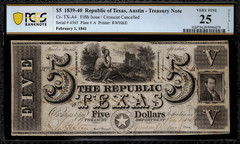1839 $5 Obsolete – Austin, Texas – Republic of Texas – Graded PCGS 25 Details