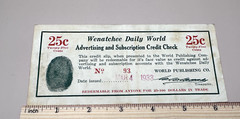1933 DEPRESSION ERA TRADE SCRIPT WENATCHEE DAILY WORLD, WA CREDIT CHECK 25 CENTS