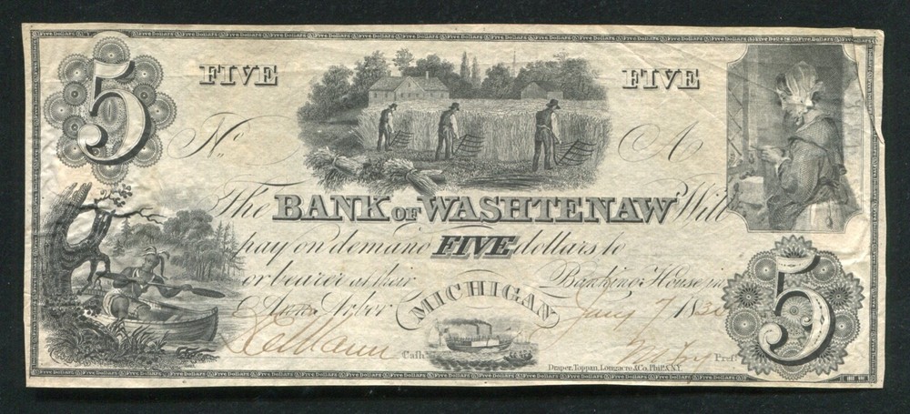 1830’s $5 BANK OF WASHTENAW ANN ARBOR, MICHIGAN OBSOLETE CURRENCY NOTE 