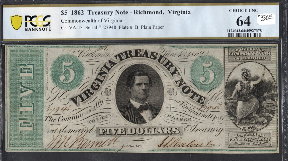 $5- 1862 Treasury Note- Richmond, Va- Choice UNC 64