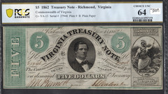 $5- 1862 Treasury Note- Richmond, Va- Choice UNC 64