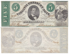 1862 $5 Virginia Treasury Note Cr-13 Almost Uncirculated Obsolete Currency