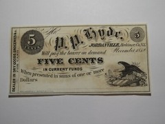 $.05 1852 Jordanville New York Obsolete Currency Bank Note Bill P.P. Hyde UNC+++