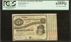 1878 $5 Louisiana State Baby Bond Cr-LA-30A – PCGS 63 Choice New PPQ – 4 Coupons