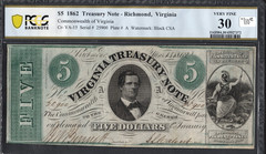 $5 1862 Treasury Note- Richmond, Va- Very Fine 30