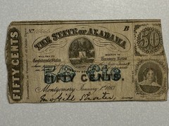 Authentic 1863 Alabama 50 Cent Note with Alabama State Seal No 16666 Civil War