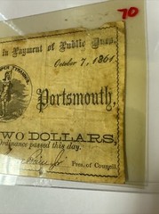 BANK NOTE OBSOLETE CURRENCY City of Portsmouth Two Dollars 1861 WN-129