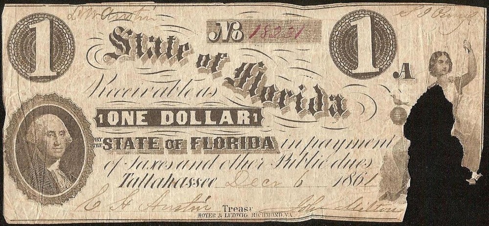 1861 $1 DOLLAR BILL FLORIDA TALLAHASSEE NOTE CURRENCY OLD PAPER MONEY