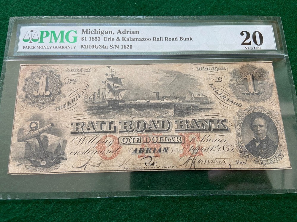 1853 Erie & Kalamazoo Railroad Bank, Adrian, Michigan $1 One Dollar PMG Graded