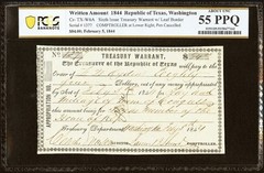 Republic of Texas 1844 Treasury Warrant Scarce Washington On The Brazos, PCGS 55