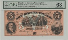 1858 $5 District of Columbia, Washington PMG MS63 CH UNC