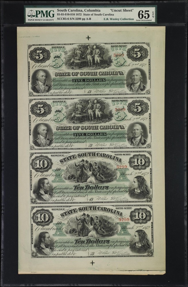 1872 Uncut Sheet Columbia, SC- State of South Carolina 5 & 10 PMG 65EPQ
