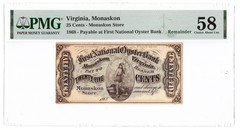 1868 25c TwentyFive First National Oyster Bank Remainder Note Monaskon VA PMG 58