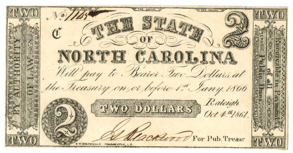 1861 State of North Carolina, Raleigh, NC $2 Note No.1145 CR-21 (59108)