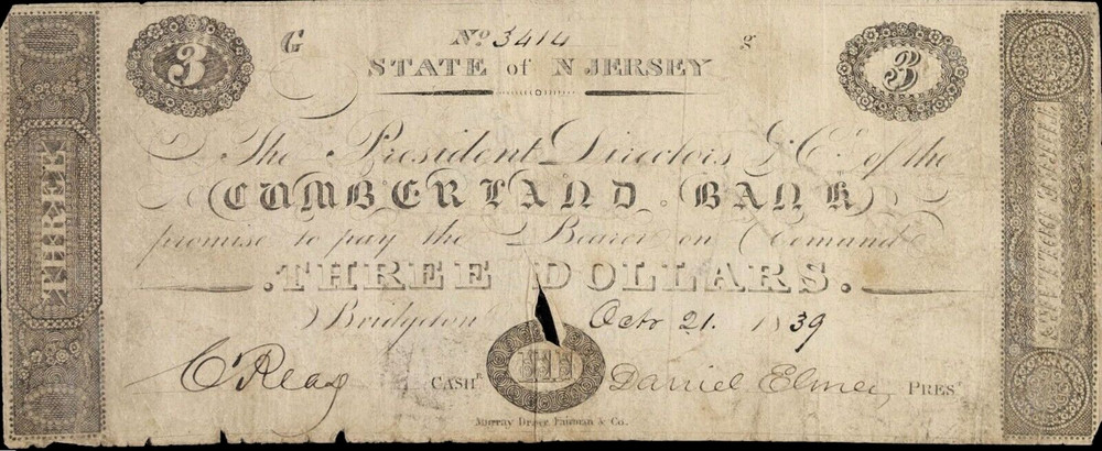 NJ $3 BRIDGETON New Jersey Cumberland Bank Oct 21, 1839 Haxby NJ-45 G24