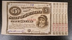 1870s Five Dollars State of Louisiana BABY BOND $5 UNCIRCULATED w Coupons #91476