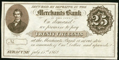 NY 25¢ SYRACUSE New York Merchants Bank July 15th, 1862 crisp remainder