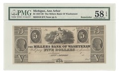 MI145G8 Remainder 1837-39 $5 Millers Bank of Washtenaw, Ann Arbor MI PMG 58 EPQ