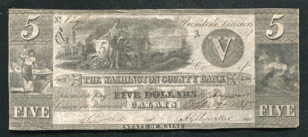 1835 $5 THE WASHINGTON COUNTY BANK CALAIS, MAINE OBSOLETE CURRENCY NOTE 
