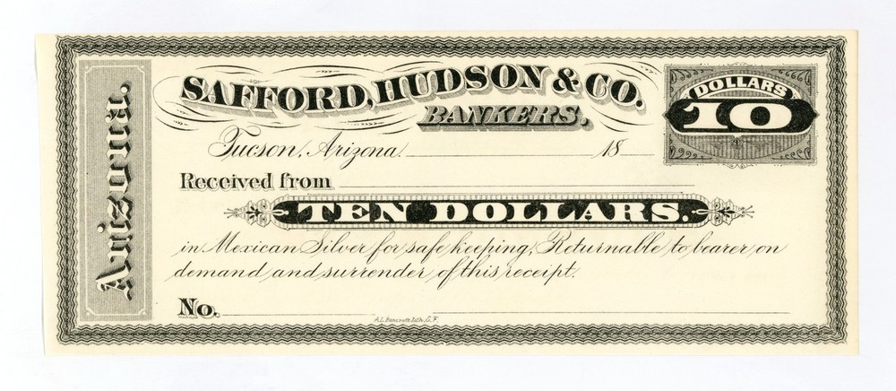 1800’s $10 Safford, Hudson & Co. Bankers – Tucscon, ARIZONA Bank Receipt AU