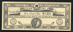 1934 $1 ONE DOLLAR ANAGRAM DISCOUNT BOND CERTIFICATE C.L. CARR CO. BATAVIA, NY.