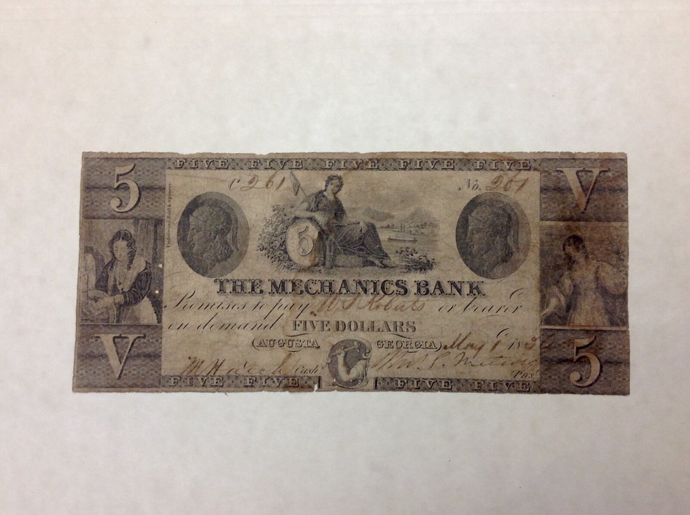 ~ 1856 $5 Five Dollars The Mechanics Bank Augusta, Georgia